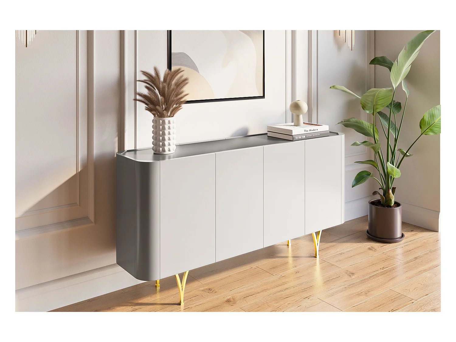 Commode moderne grise Dancan MONZA avec pieds dorés – largeur 160 cm