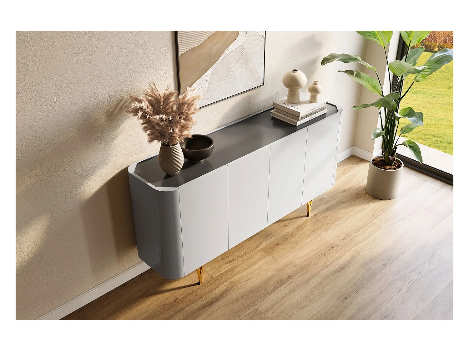 Commode moderne grise Dancan MONZA avec pieds dorés – largeur 160 cm
