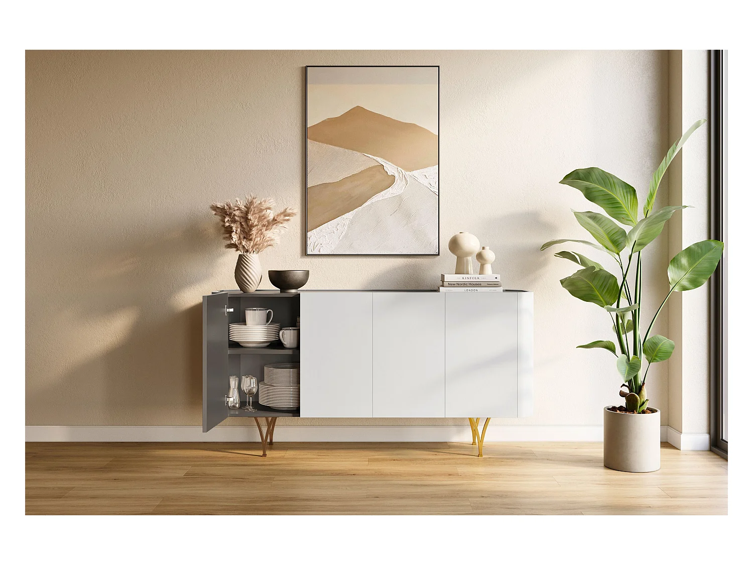 Commode moderne grise Dancan MONZA avec pieds dorés – largeur 160 cm