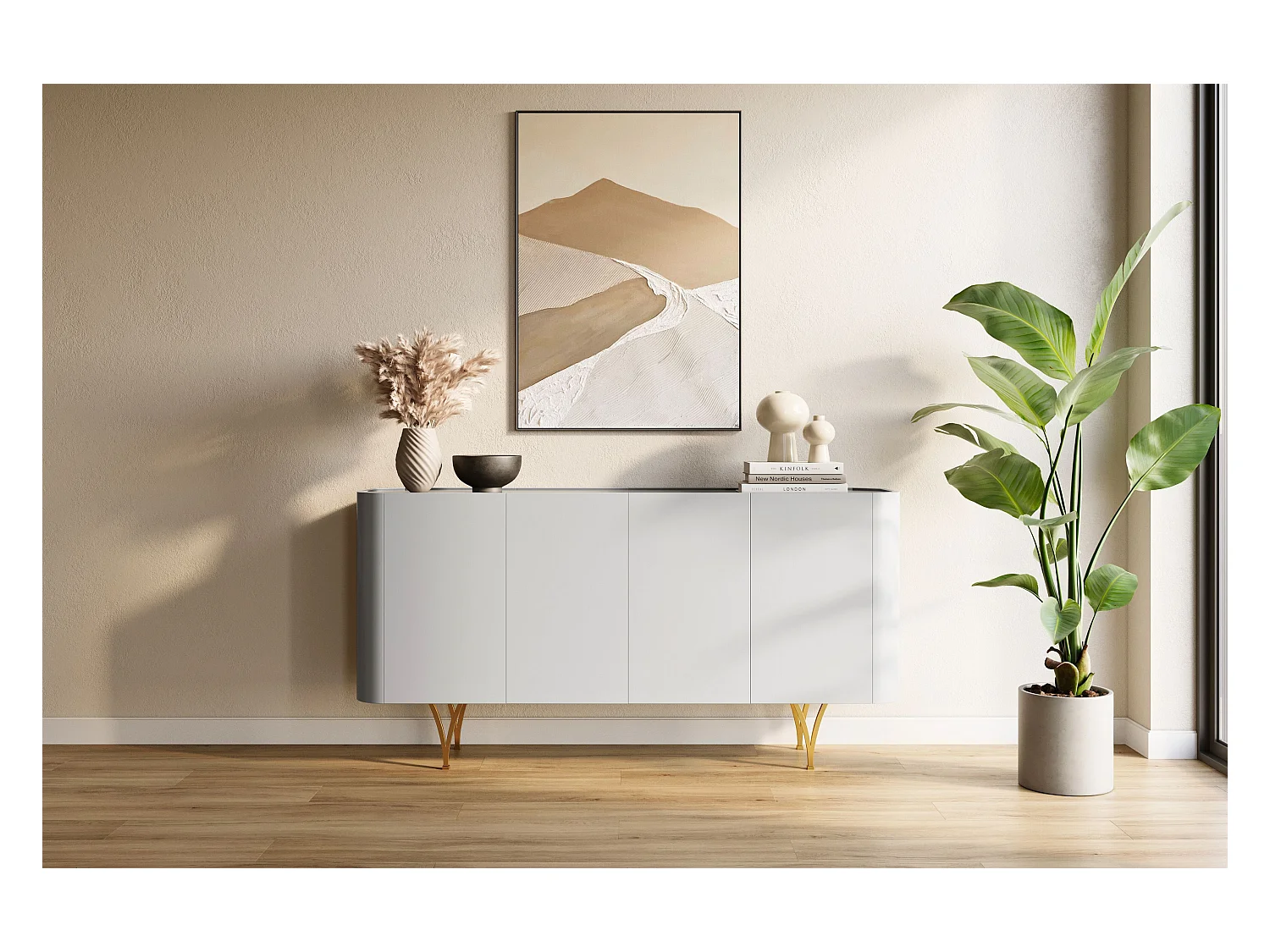 Commode moderne grise Dancan MONZA avec pieds dorés – largeur 160 cm