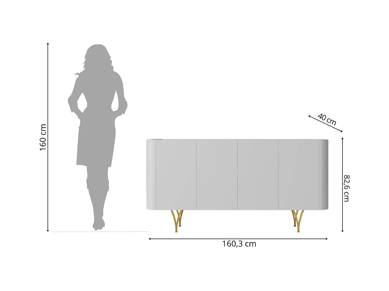 Commode moderne grise Dancan MONZA avec pieds dorés – largeur 160 cm