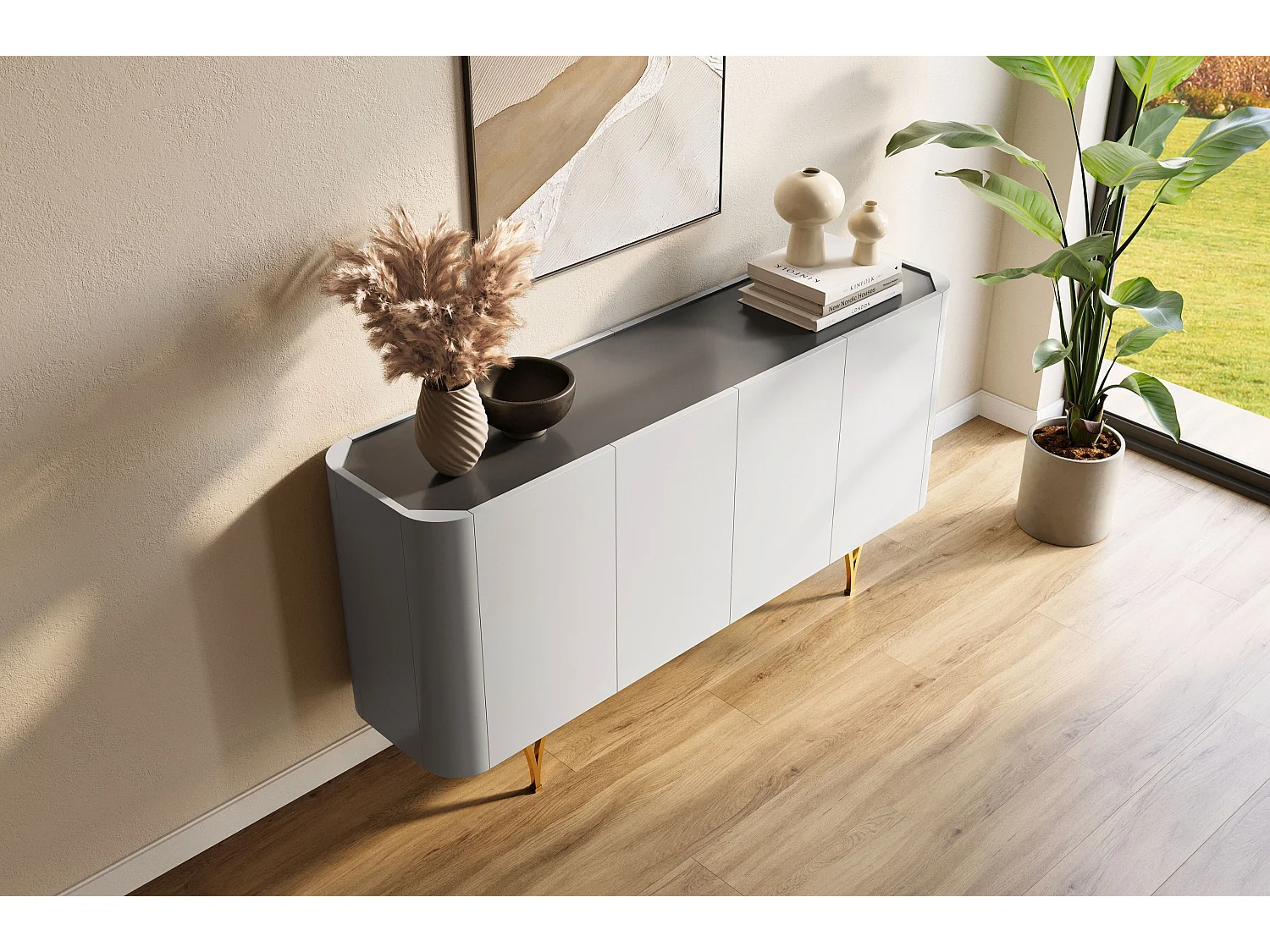 Sideboard Monza, grau/schwarz, goldene beine