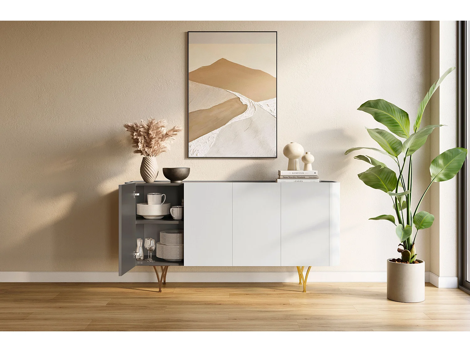 Sideboard Monza, grau/schwarz, goldene beine