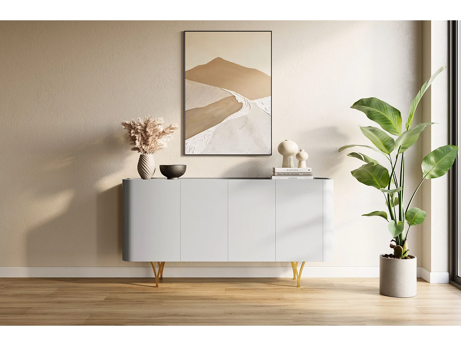 Sideboard Monza, grau/schwarz, goldene beine