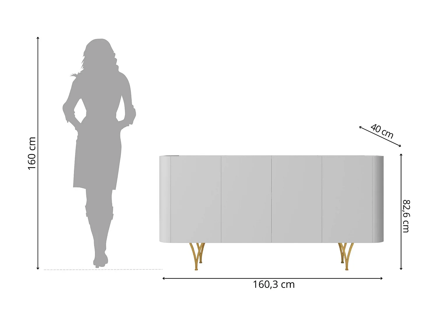 Sideboard Monza, grau/schwarz, goldene beine