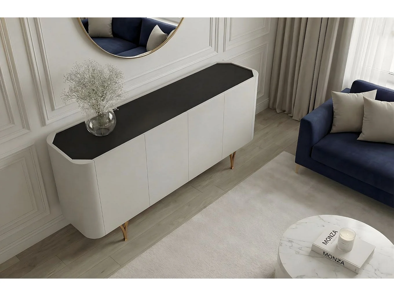 Sideboard Monza, grau/schwarz, goldene beine