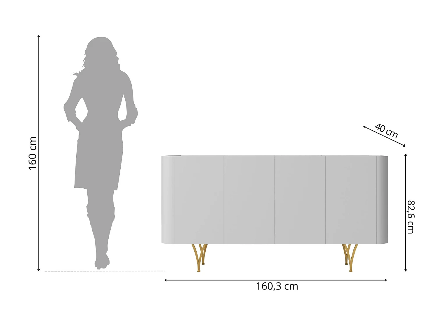 Sideboard Monza, grau/schwarz, goldene beine