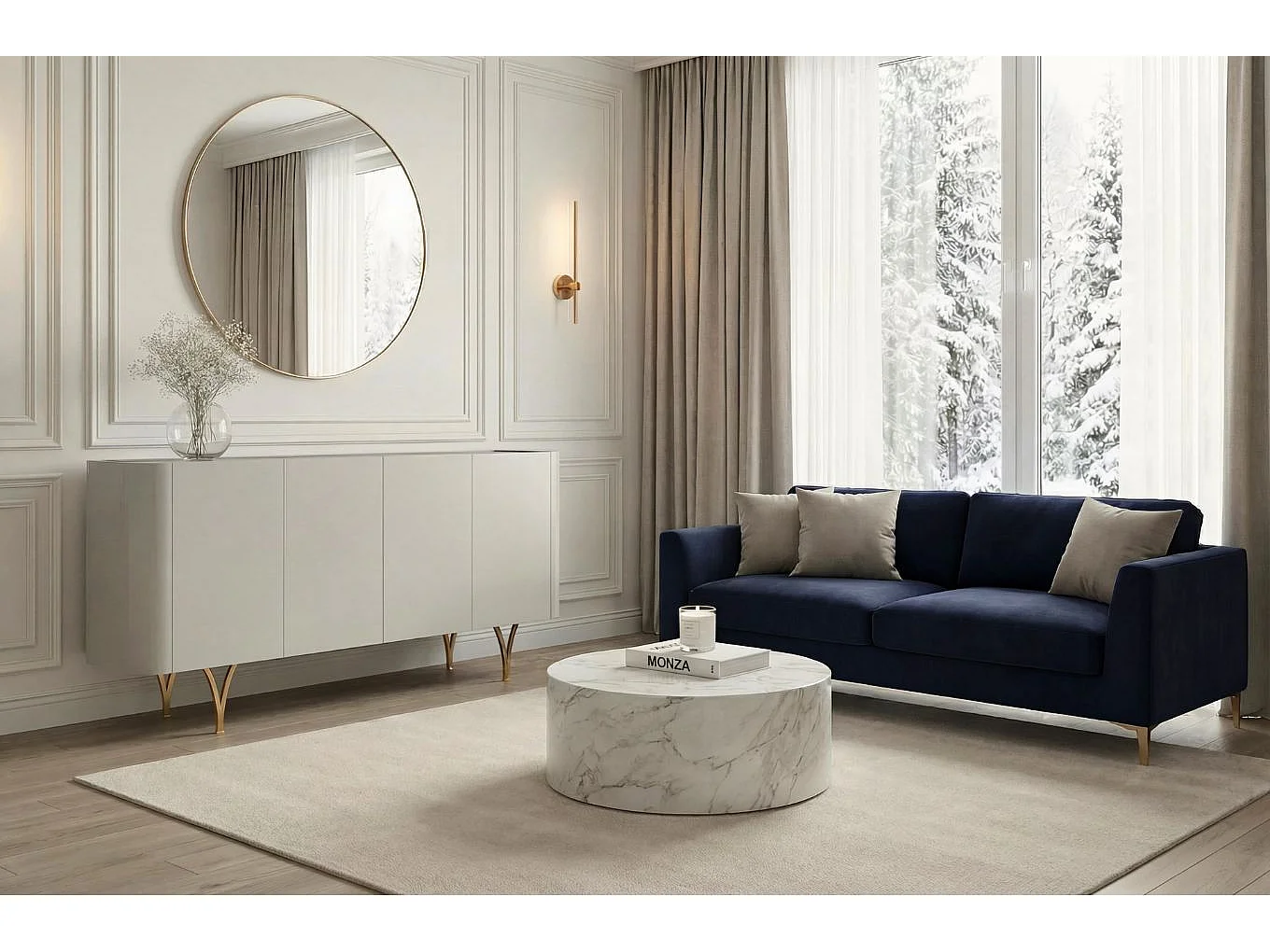 Sideboard Monza, grau/schwarz, goldene beine
