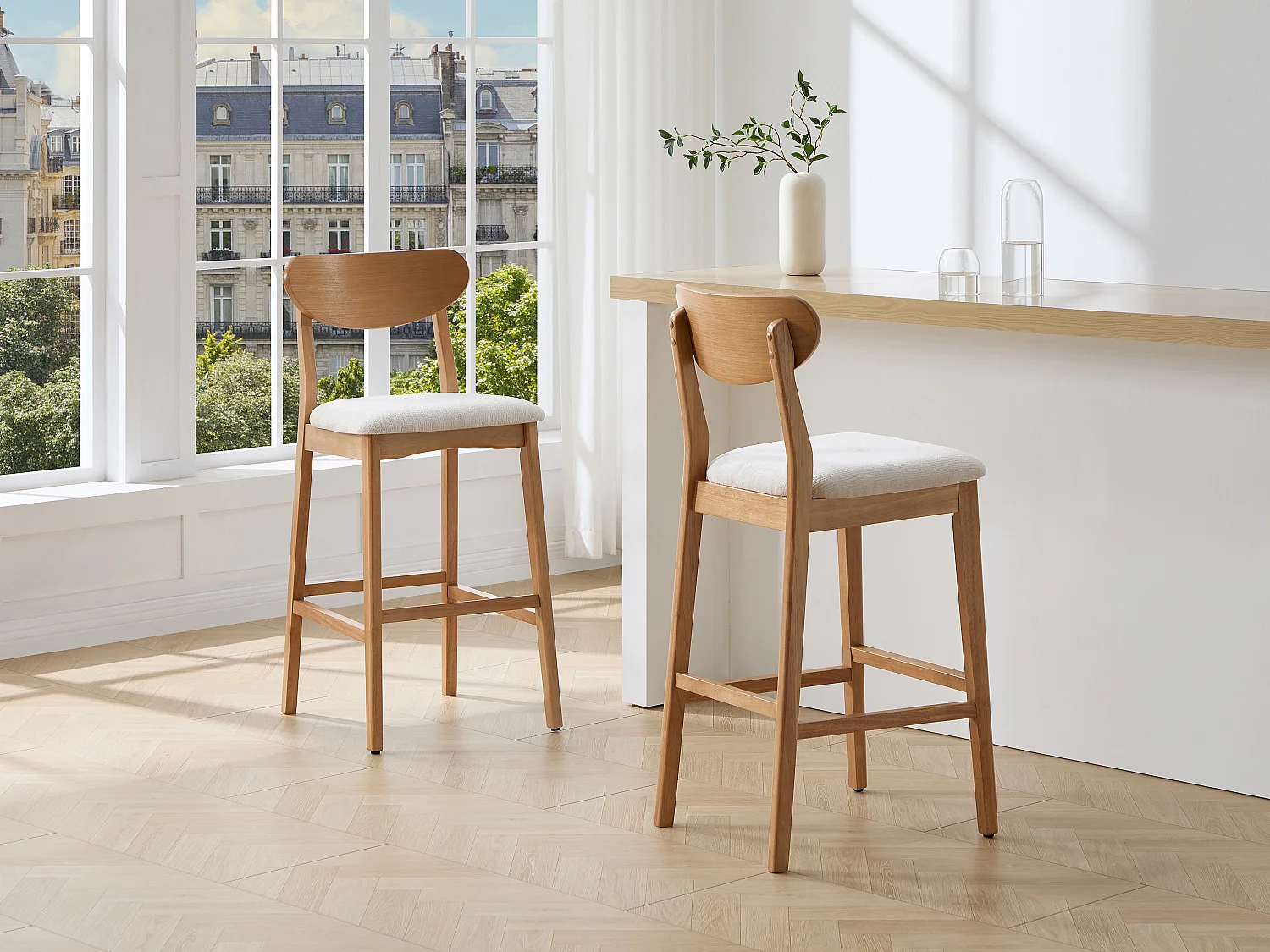 Lot de 2 tabourets en tissu texturé et bois d'hévéa naturel - Crème - LERANIA