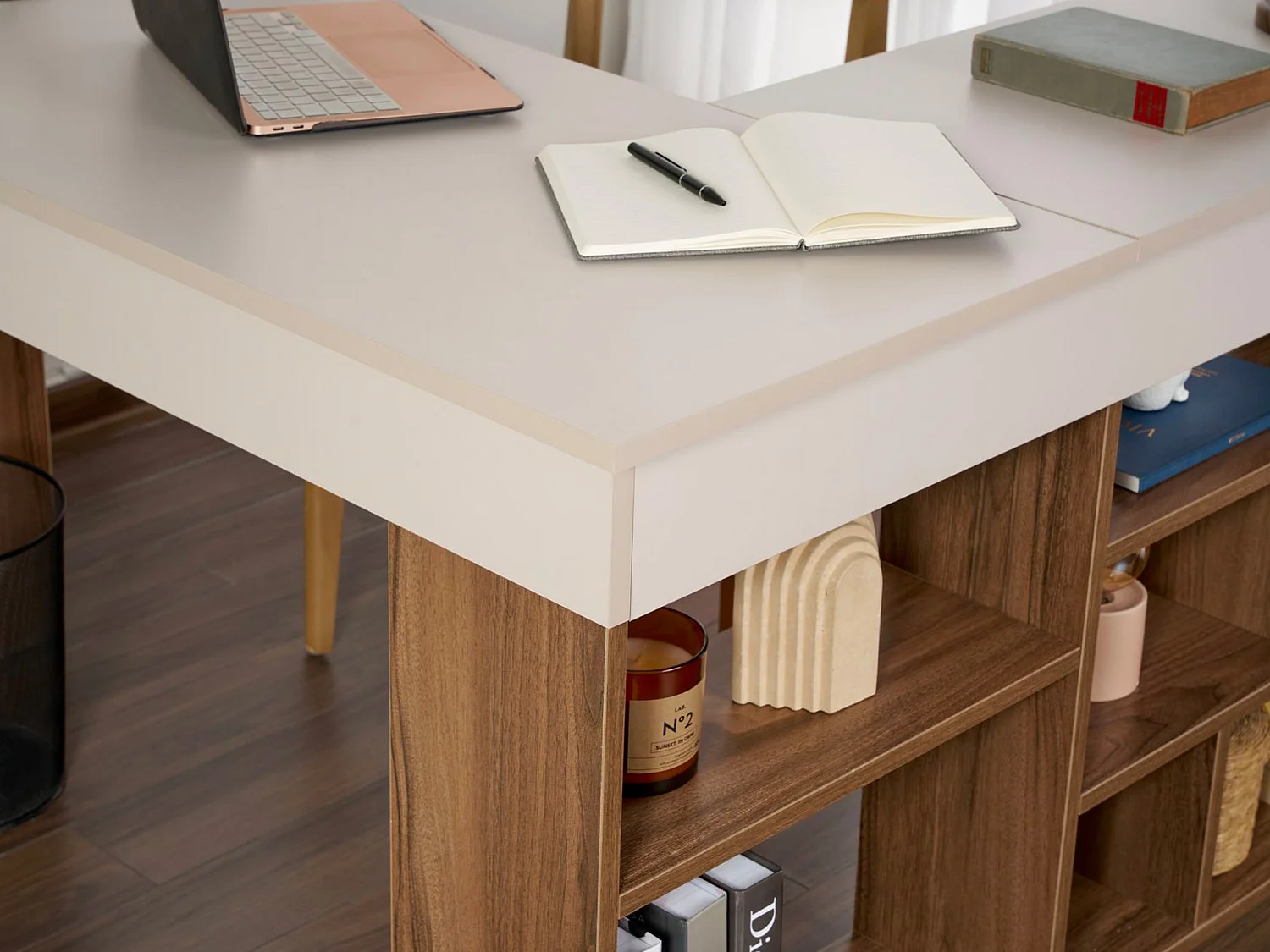 Bureau d'angle avec rangements - Coloris : Beige et naturel foncé - LILEUL