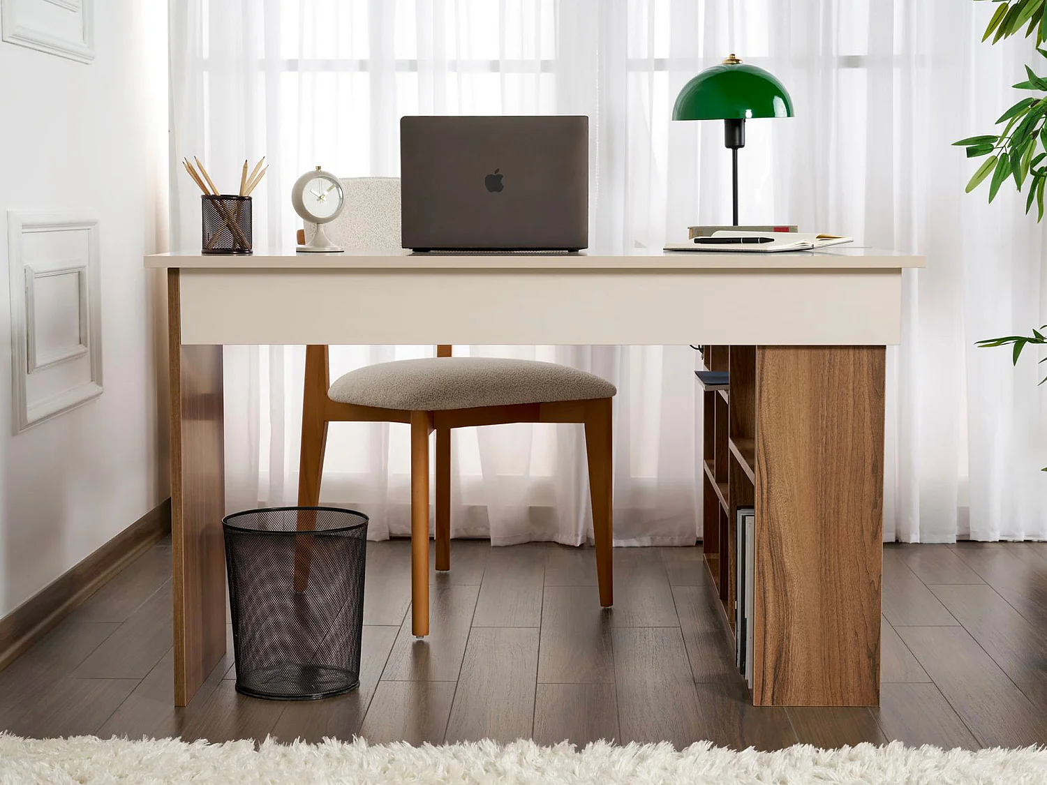 Bureau d'angle avec rangements - Coloris : Beige et naturel foncé - LILEUL
