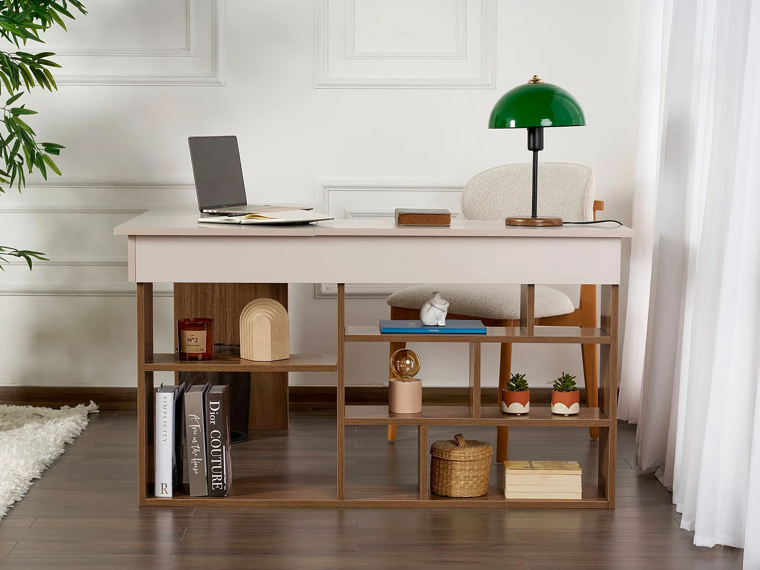 Bureau d'angle avec rangements - Coloris : Beige et naturel foncé - LILEUL