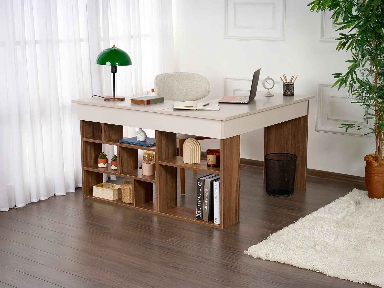 Bureau d'angle avec rangements - Coloris : Beige et naturel foncé - LILEUL