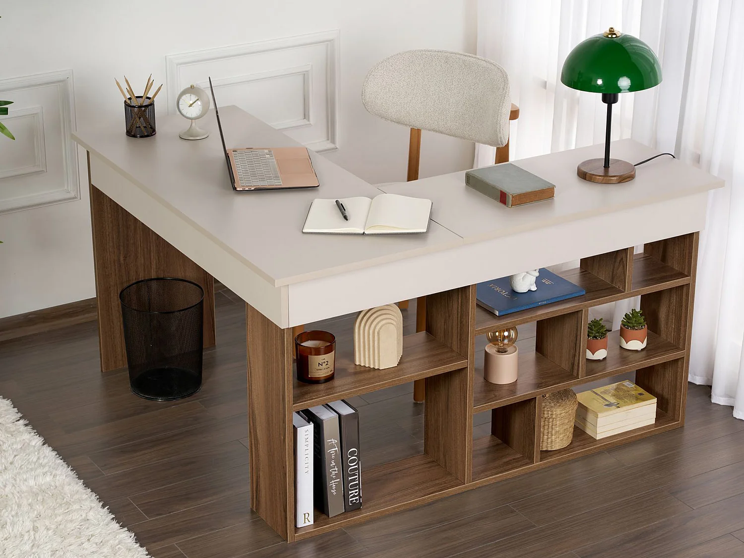 Escritorio de esquina con almacenamiento - Color: Beige y natural oscuro - LILEUL