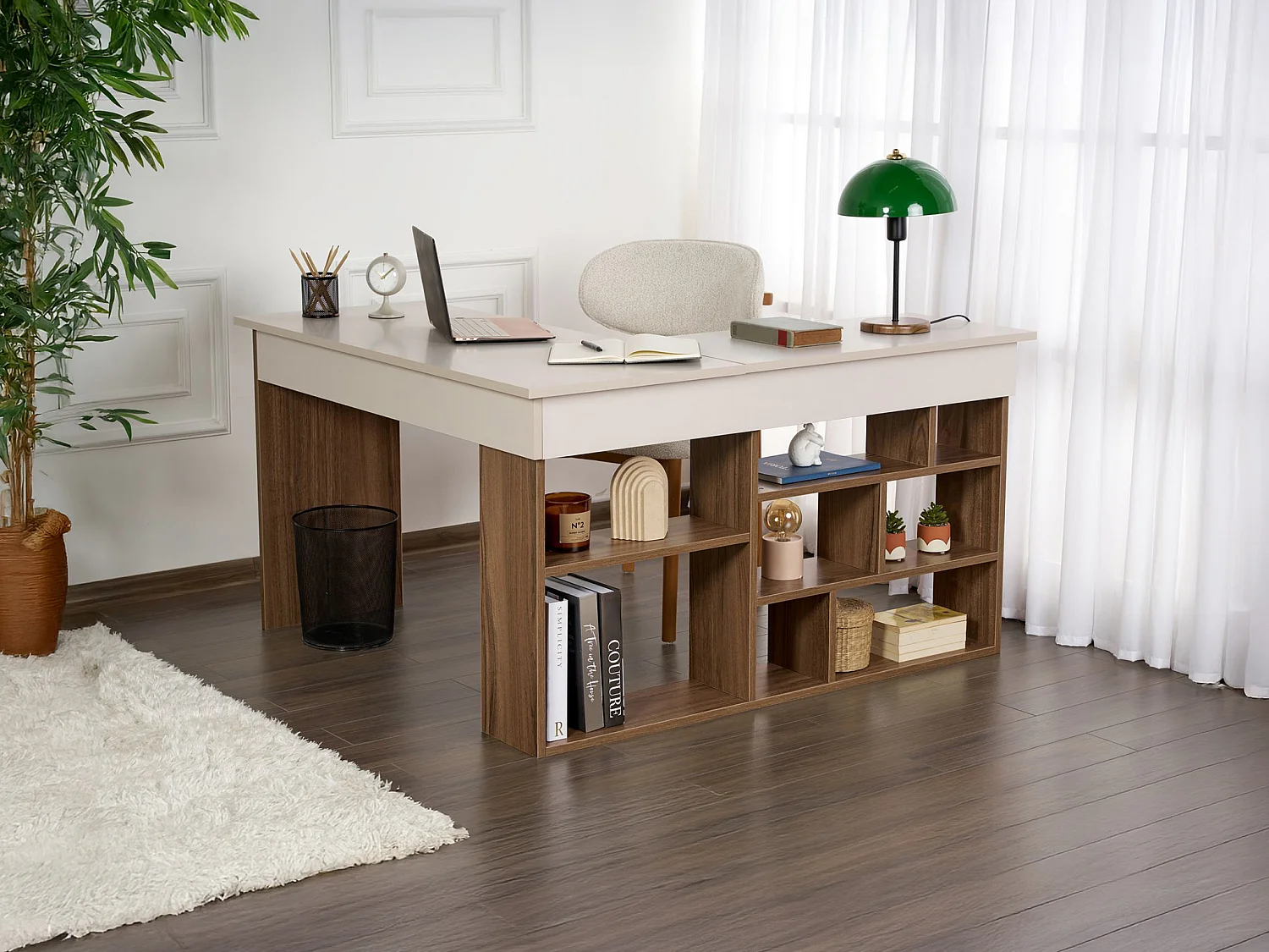 Escritorio de esquina con almacenamiento - Color: Beige y natural oscuro - LILEUL