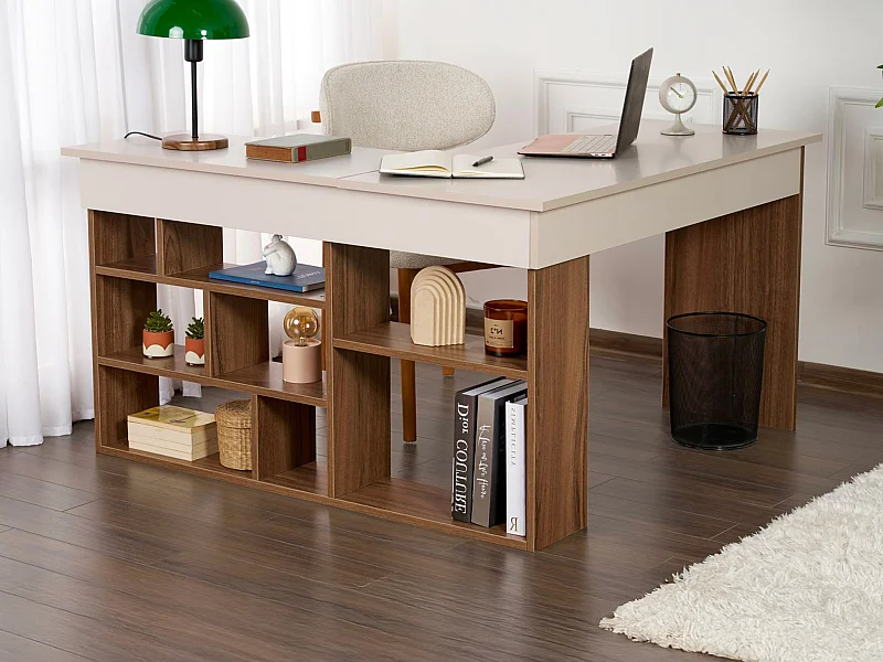 Bureau d'angle avec rangements - Coloris : Beige et naturel foncé - LILEUL