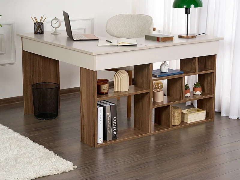 Bureau d'angle avec rangements - Coloris : Beige et naturel foncé - LILEUL