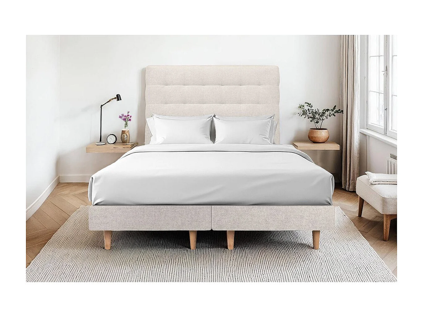 Lit 160x200cm avec tête de lit capitonnée tissu et sommier tapissier Beige clair - Hauteur totale : 29cm