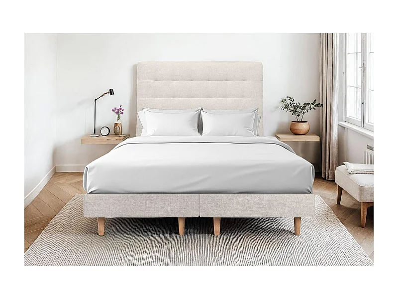 Lit 160x200cm avec tête de lit capitonnée tissu et sommier tapissier Beige clair - Hauteur totale : 29cm