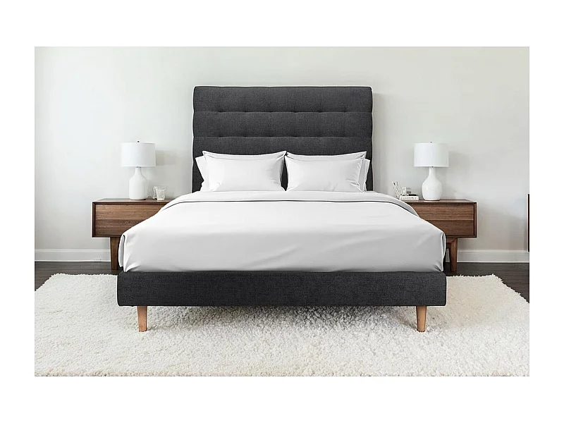 Lit 160x200cm avec tête de lit capitonnée tissu et sommier tapissier Noir - Hauteur totale : 29cm