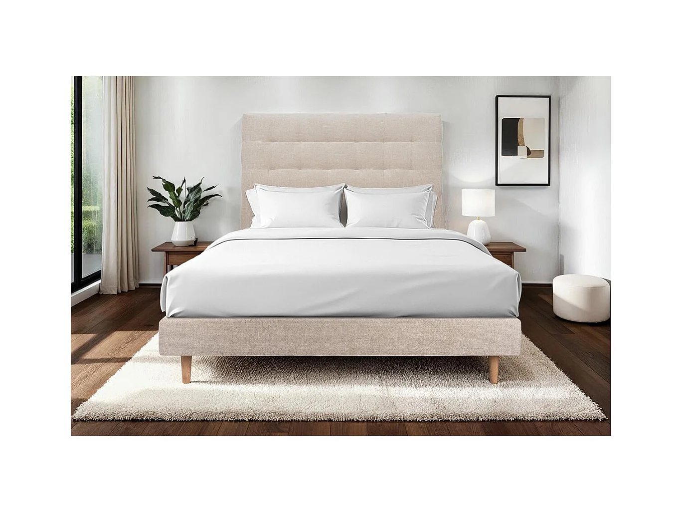 Lit 160x200cm avec tête de lit capitonnée tissu et sommier tapissier beige brun - Hauteur totale : 29cm