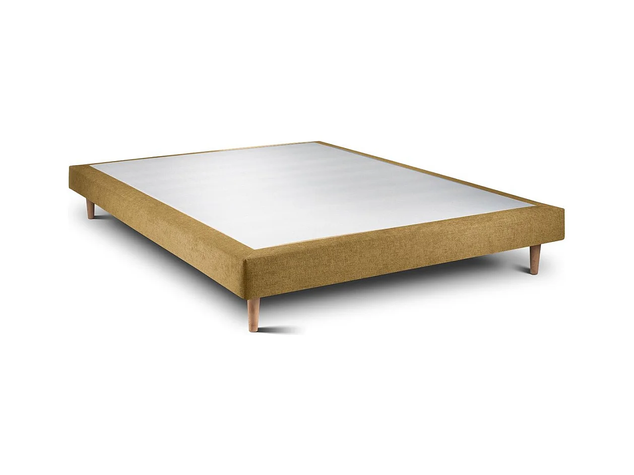 Lit 160x200cm avec tête de lit capitonnée tissu et sommier tapissier jaune - Hauteur totale : 29cm