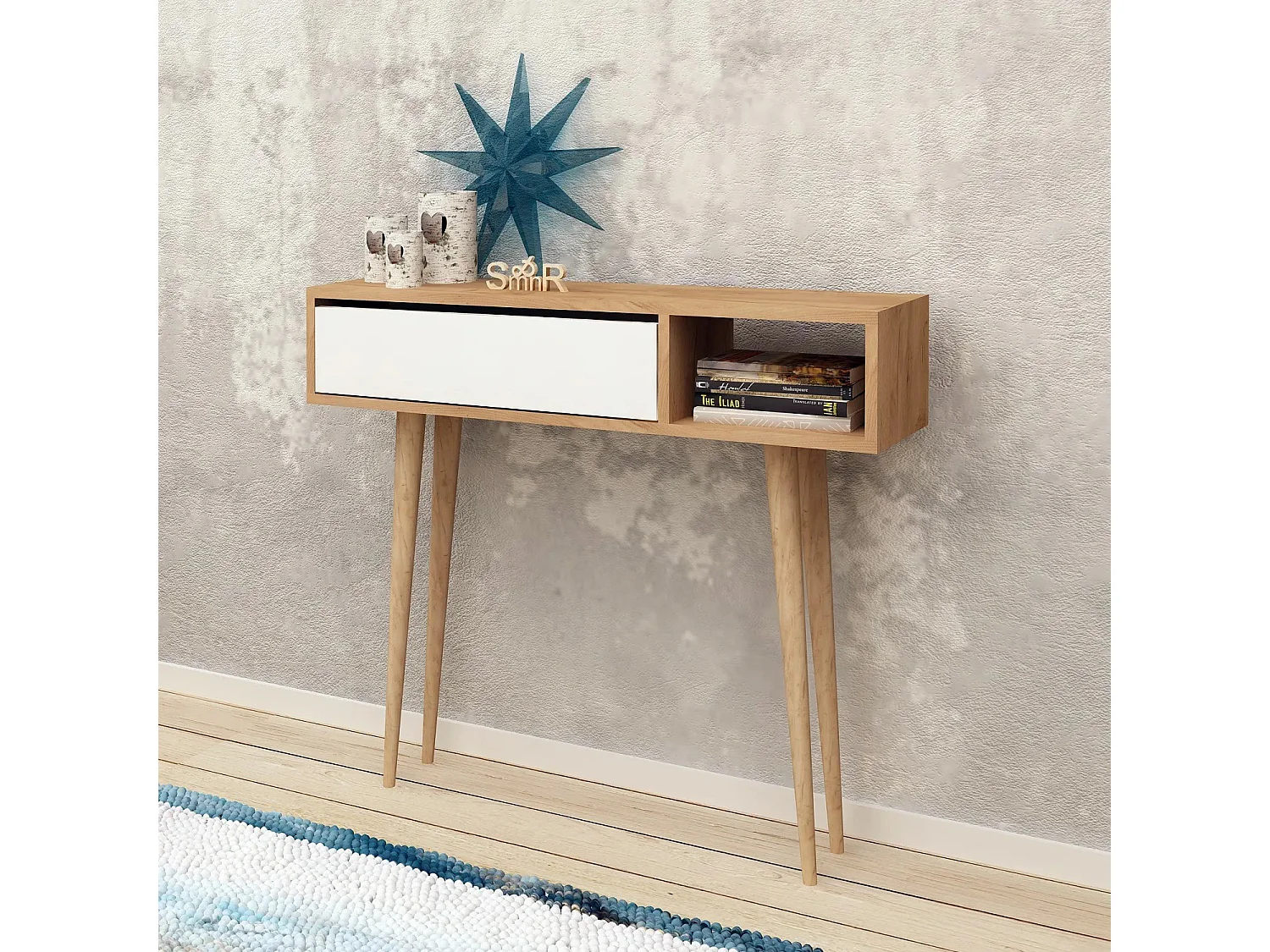 Aparador moderno de 2 níveis – 100 cm – carvalho e branco – madeira