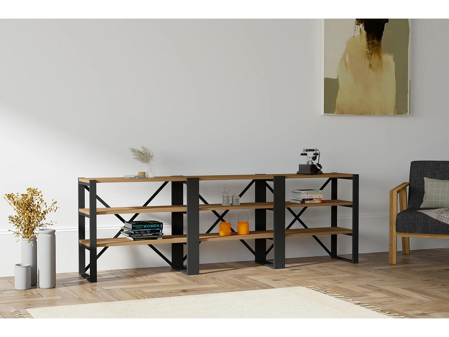 Aparador Industrial – 210 x 58,5 x 32 cm – Nogueira e Preto – Painéis de Partículas com Revestimento em Melamina