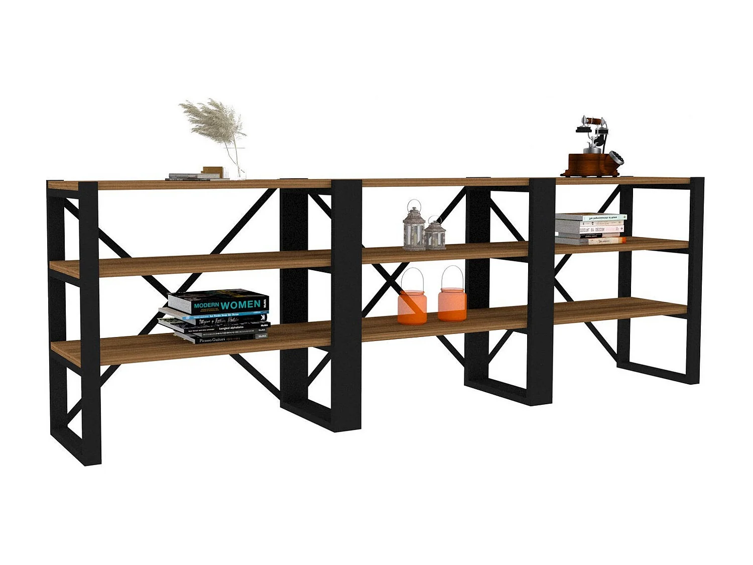 Aparador Industrial – 210 x 58,5 x 32 cm – Nogueira e Preto – Painéis de Partículas com Revestimento em Melamina