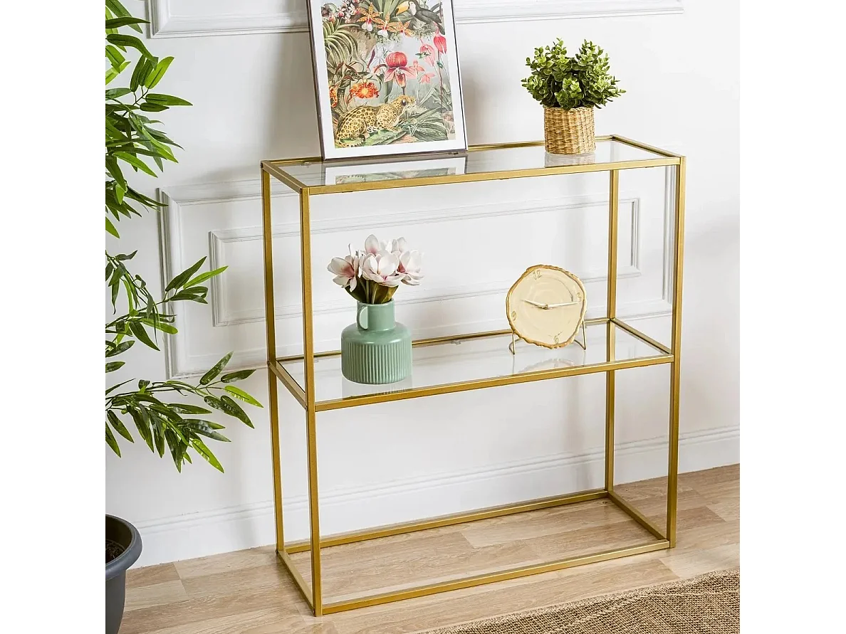 Aparador Dourado – 80 x 30 x 85 cm – Dourado – Vidro Temperado e Metal