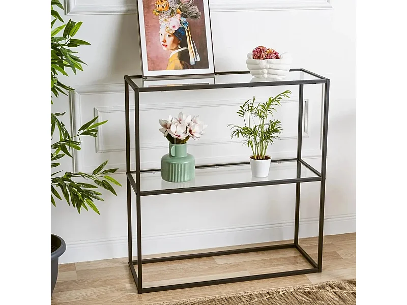 Aparador – 80 x 30 x 85 cm – preto – vidro temperado e metal