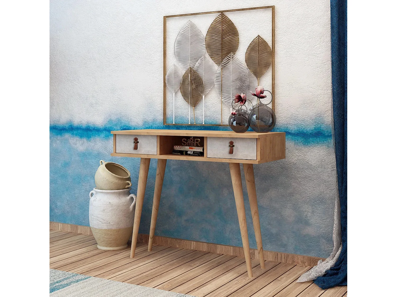 Aparador de Entrada – 100 cm – Carvalho e branco – Melamina