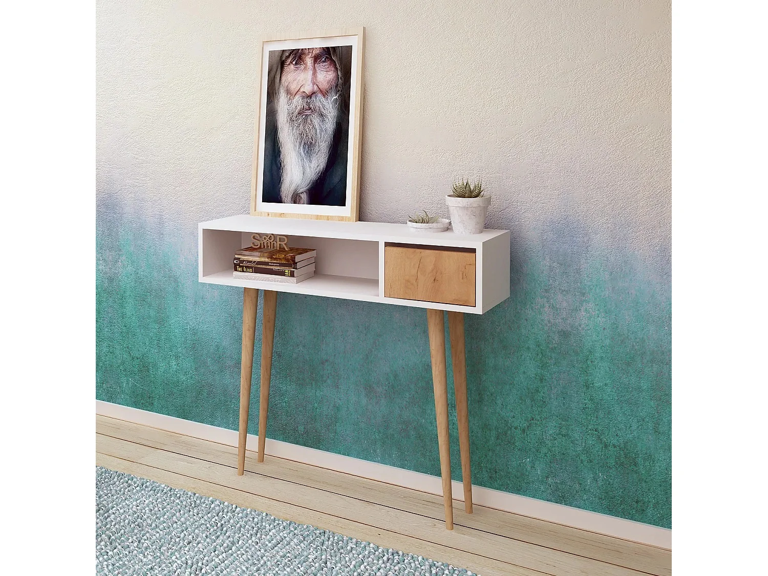 Aparador de 2 níveis – 100 cm – Carvalho e Branco – Painéis de partículas revestidos a melamina