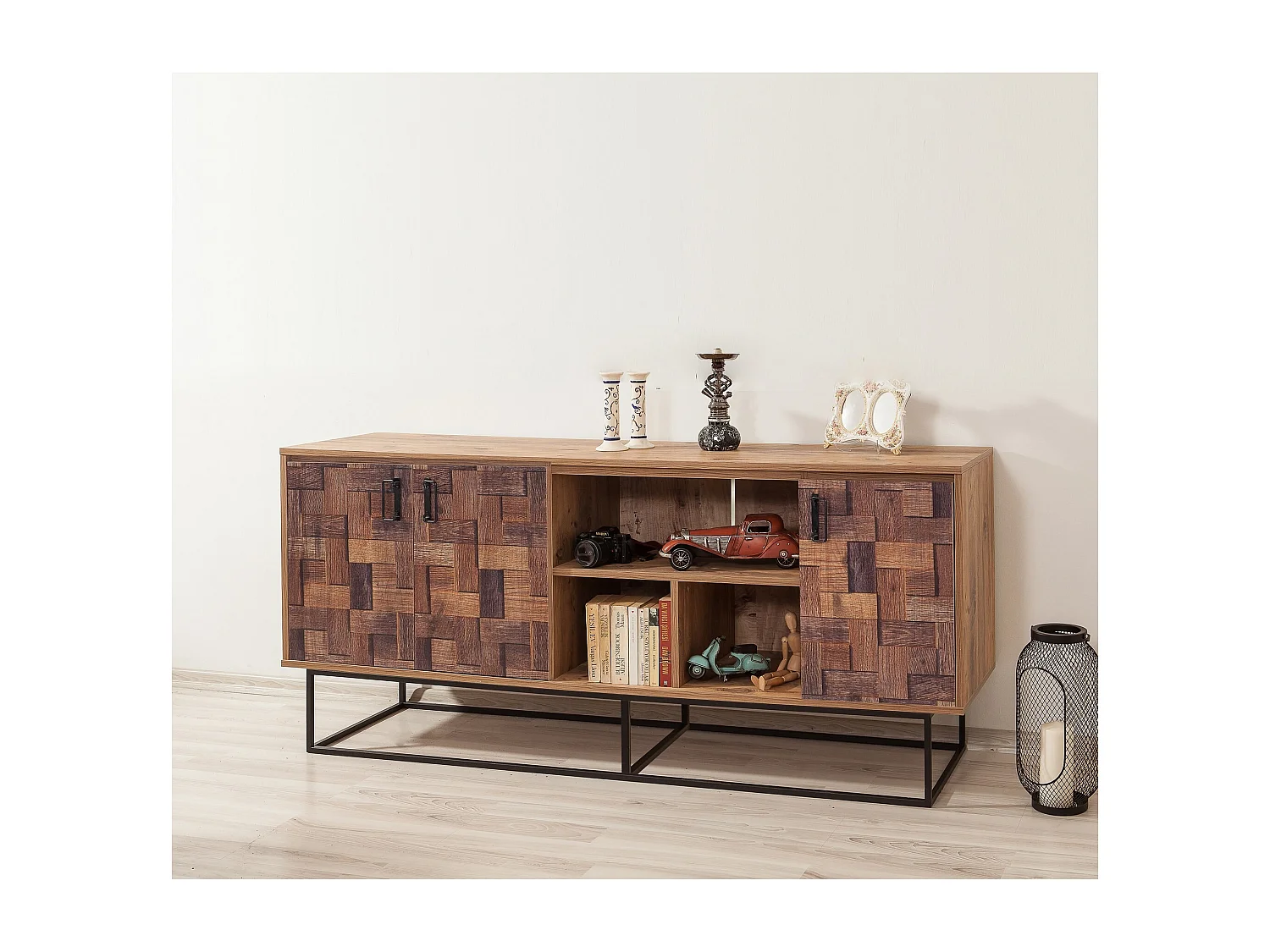 Aparador Moderno – 180 x 80 x 40 cm – Pinho Atlântico e Preto – Metal e Melamina