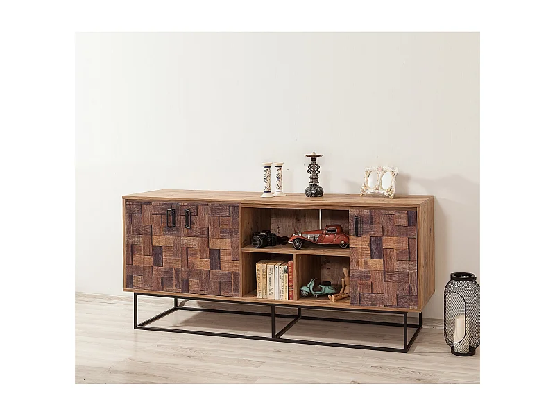 Aparador Moderno – 180 x 80 x 40 cm – Pinho Atlântico e Preto – Metal e Melamina