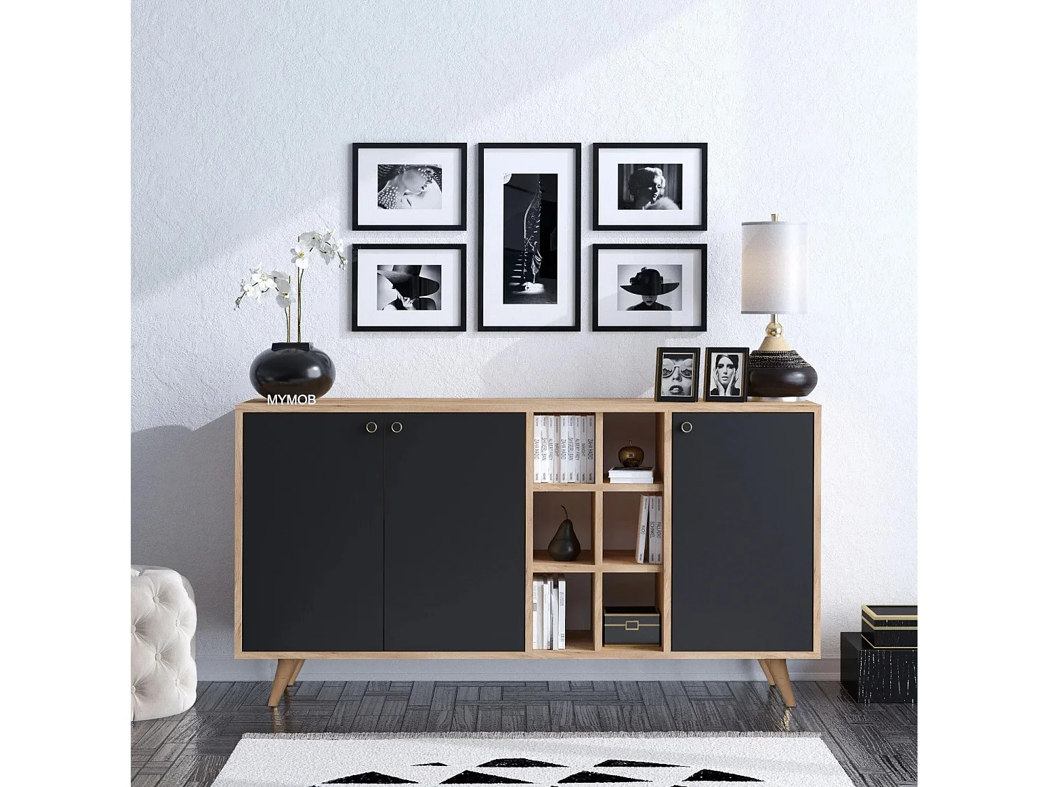 Aparador – 140cm x 40cm x 89cm – Carvalho e Preto – Painel de partículas revestido a melamina e Pernas de madeira