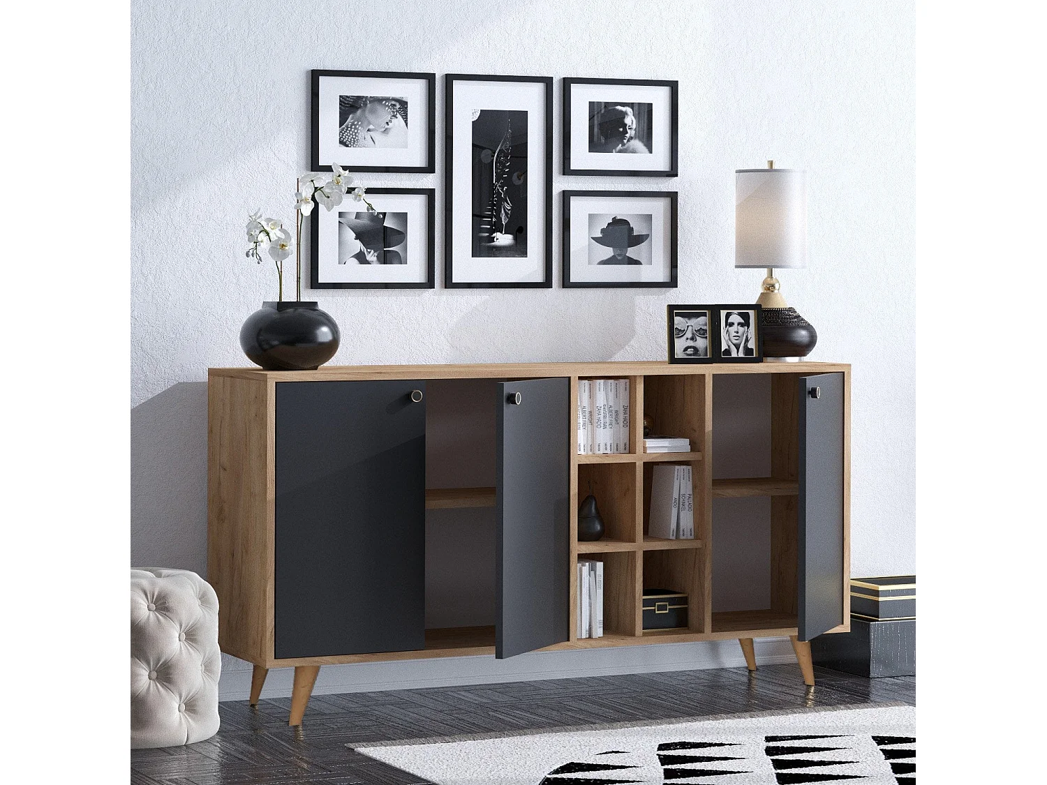 Aparador – 140cm x 40cm x 89cm – Carvalho e Preto – Painel de partículas revestido a melamina e Pernas de madeira