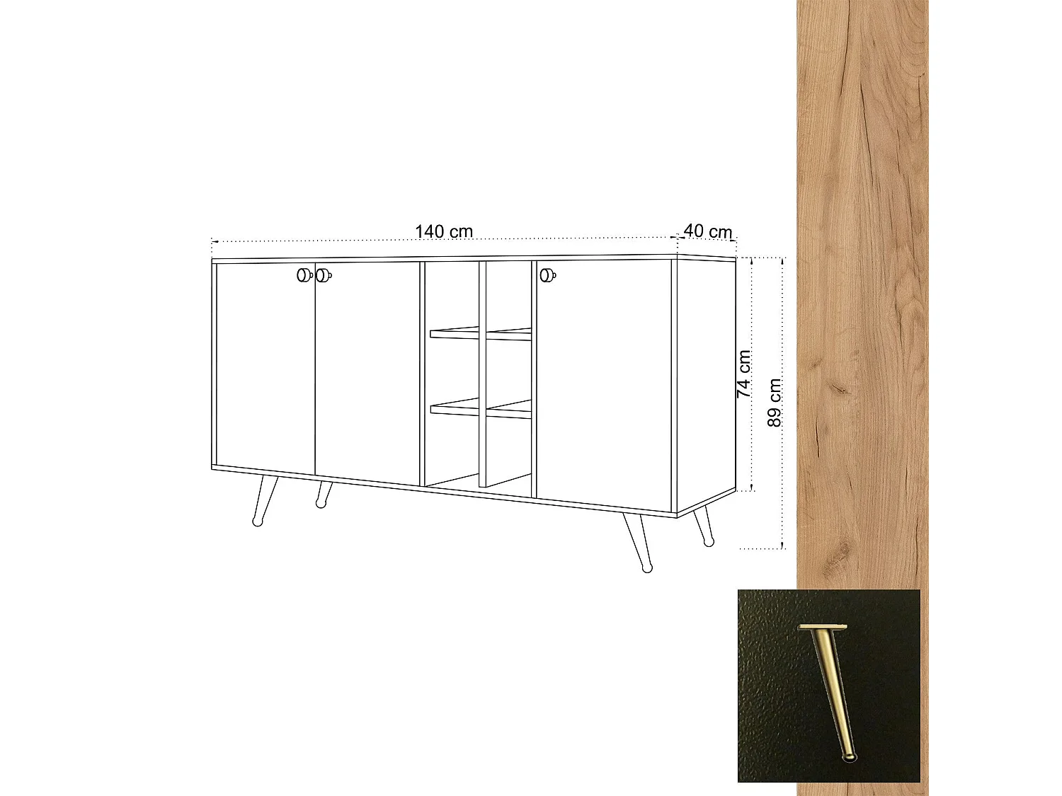 Aparador – 140cm x 40cm x 89cm – Carvalho e Preto – Painel de partículas revestido a melamina e Pernas de madeira