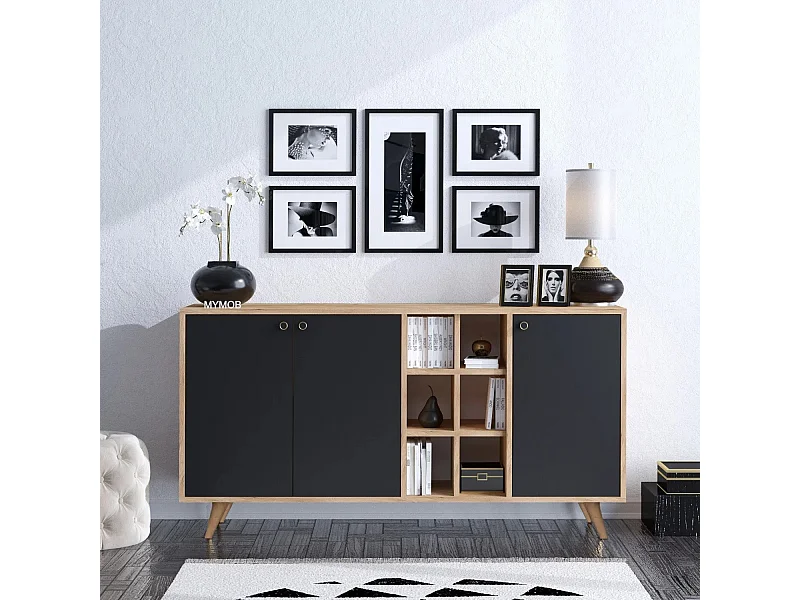 Aparador – 140cm x 40cm x 89cm – Carvalho e Preto – Painel de partículas revestido a melamina e Pernas de madeira