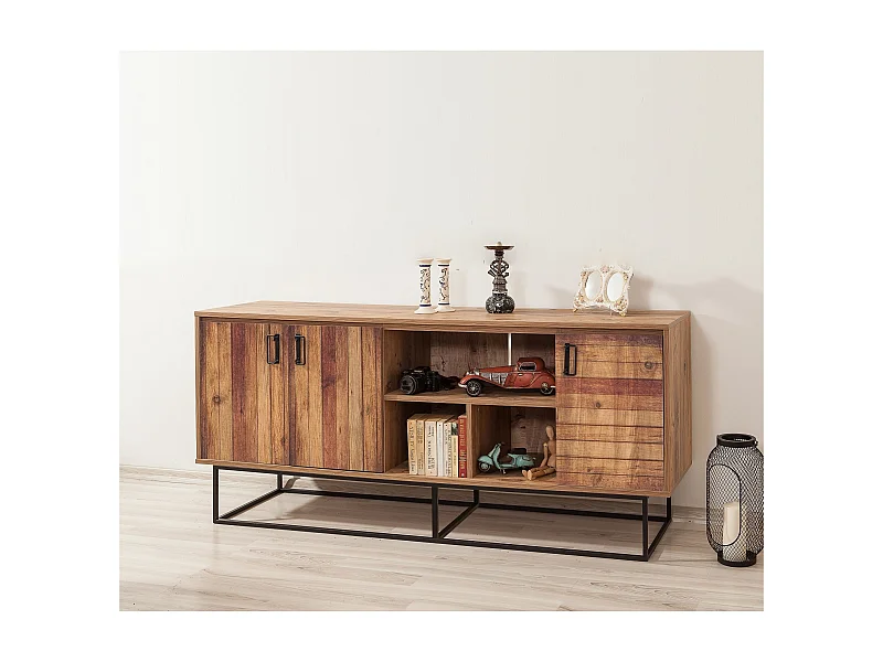 Aparador Moderno – 180 x 80 x 40 cm – Pinho Atlântico e Preto – Melamina e Metal