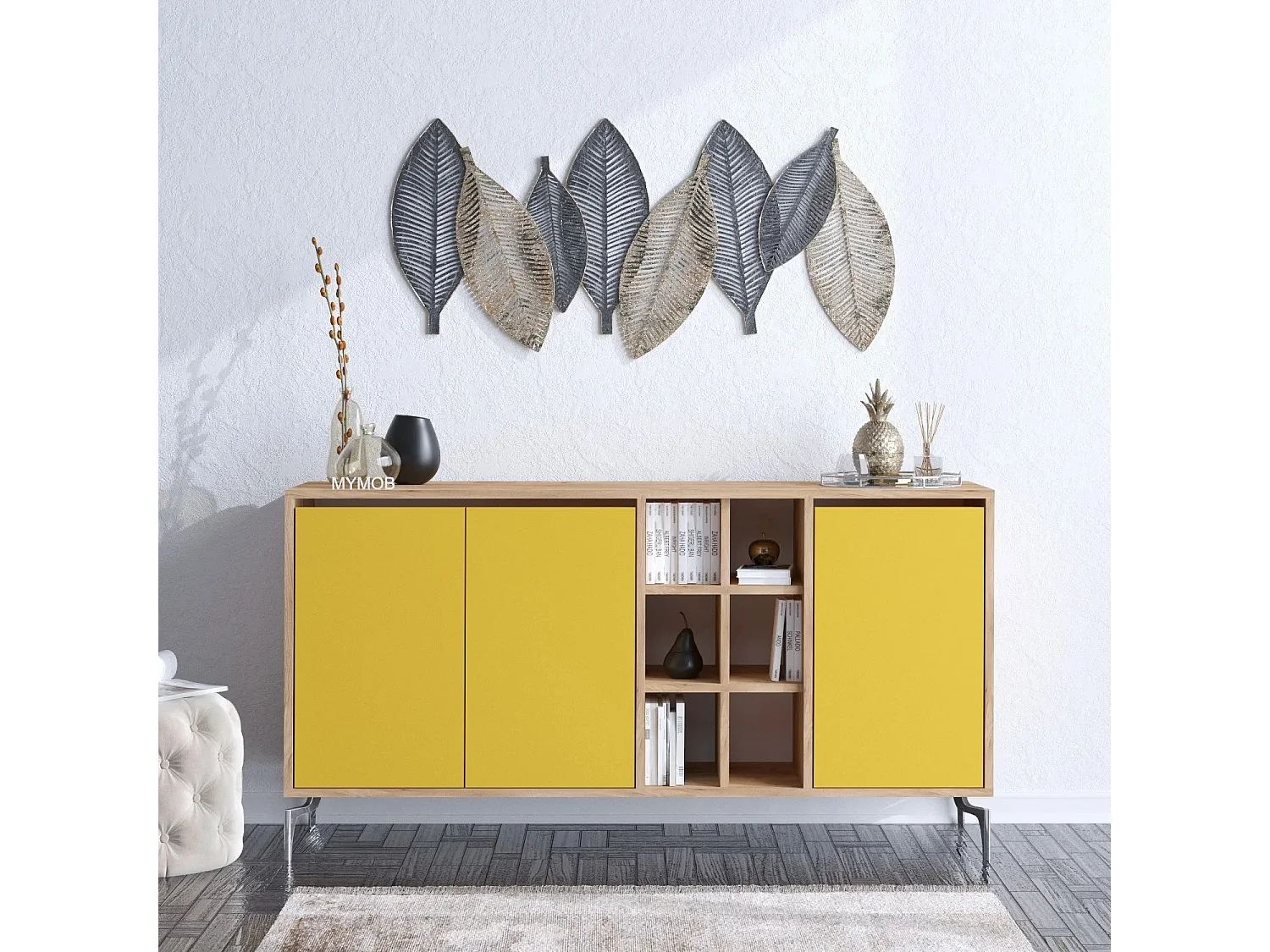 Aparador – 140 cm x 94 cm – Carvalho e amarelo – Painel de partículas revestido a melamina