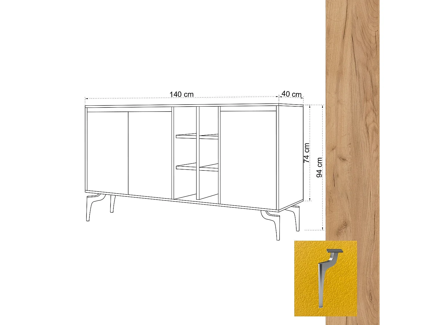 Aparador – 140 cm x 94 cm – Carvalho e amarelo – Painel de partículas revestido a melamina
