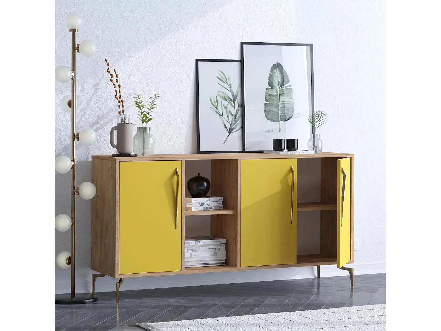 Buffet – 140cm x 86cm x 40cm – Chêne et Jaune – Panneau de particules mélaminé