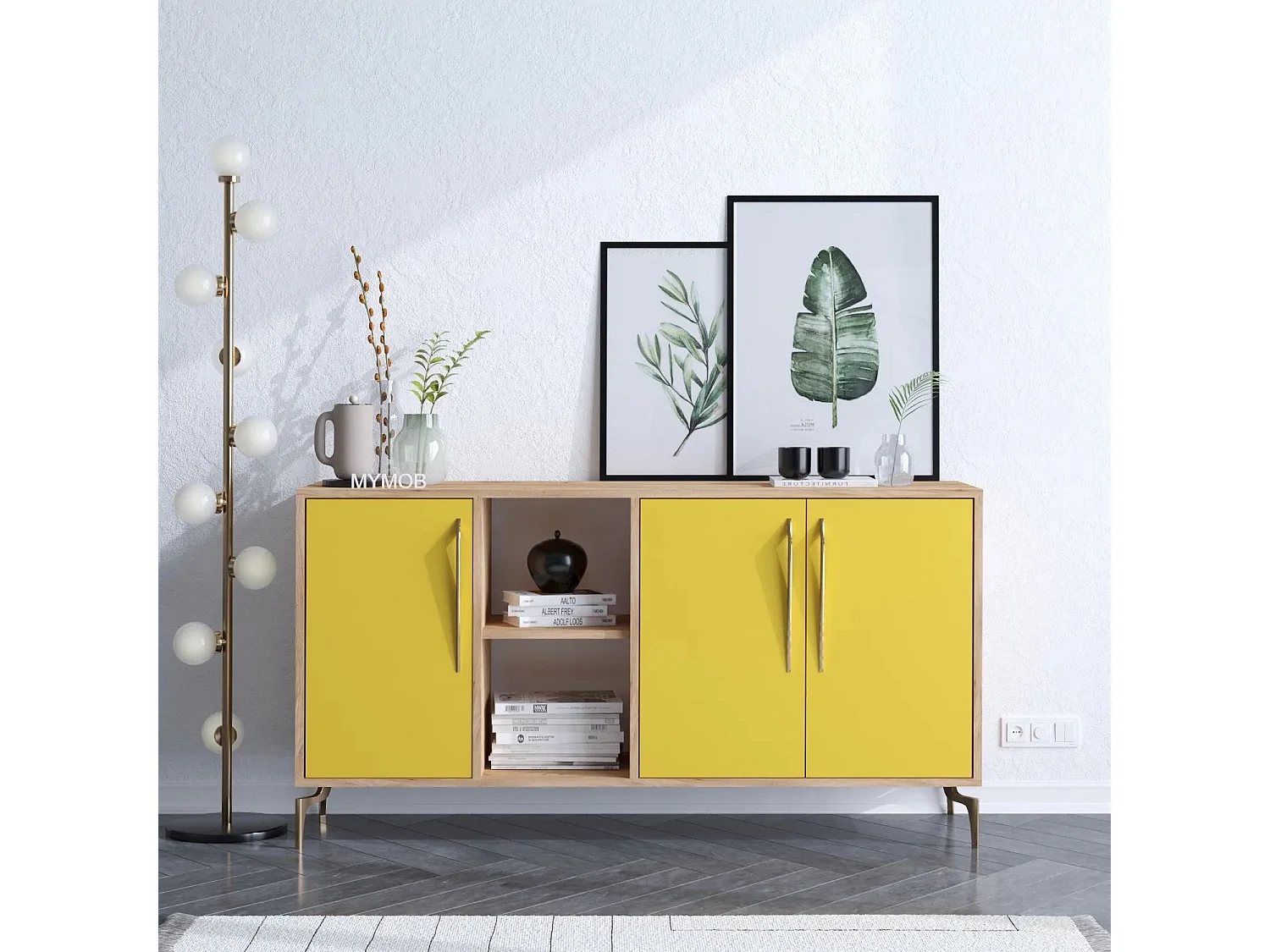 Buffet – 140cm x 86cm x 40cm – Chêne et Jaune – Panneau de particules mélaminé