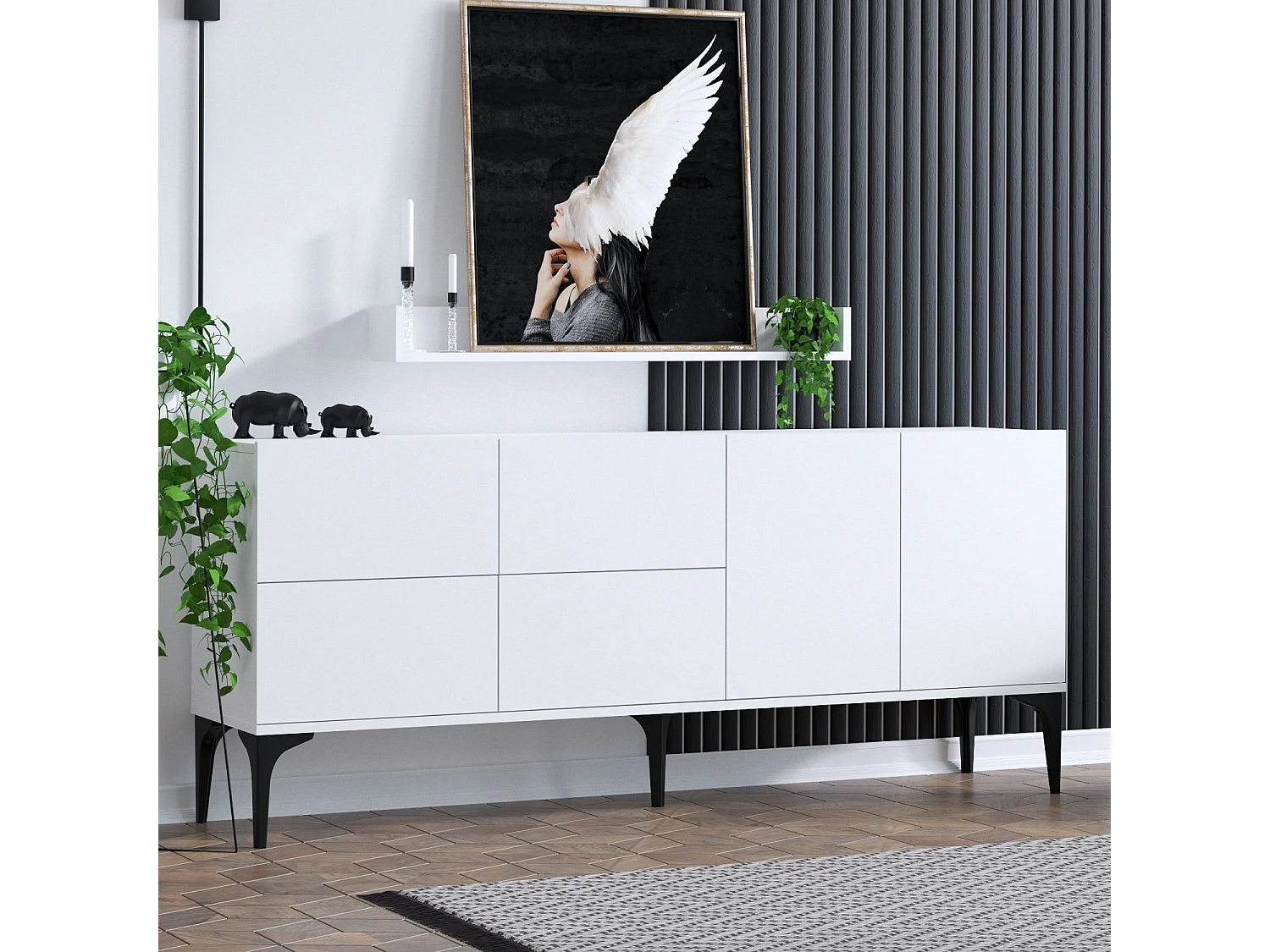 Aparador Elegante – 180 x 80 x 40 cm – Branco e Preto – Painel de partículas revestido a melamina