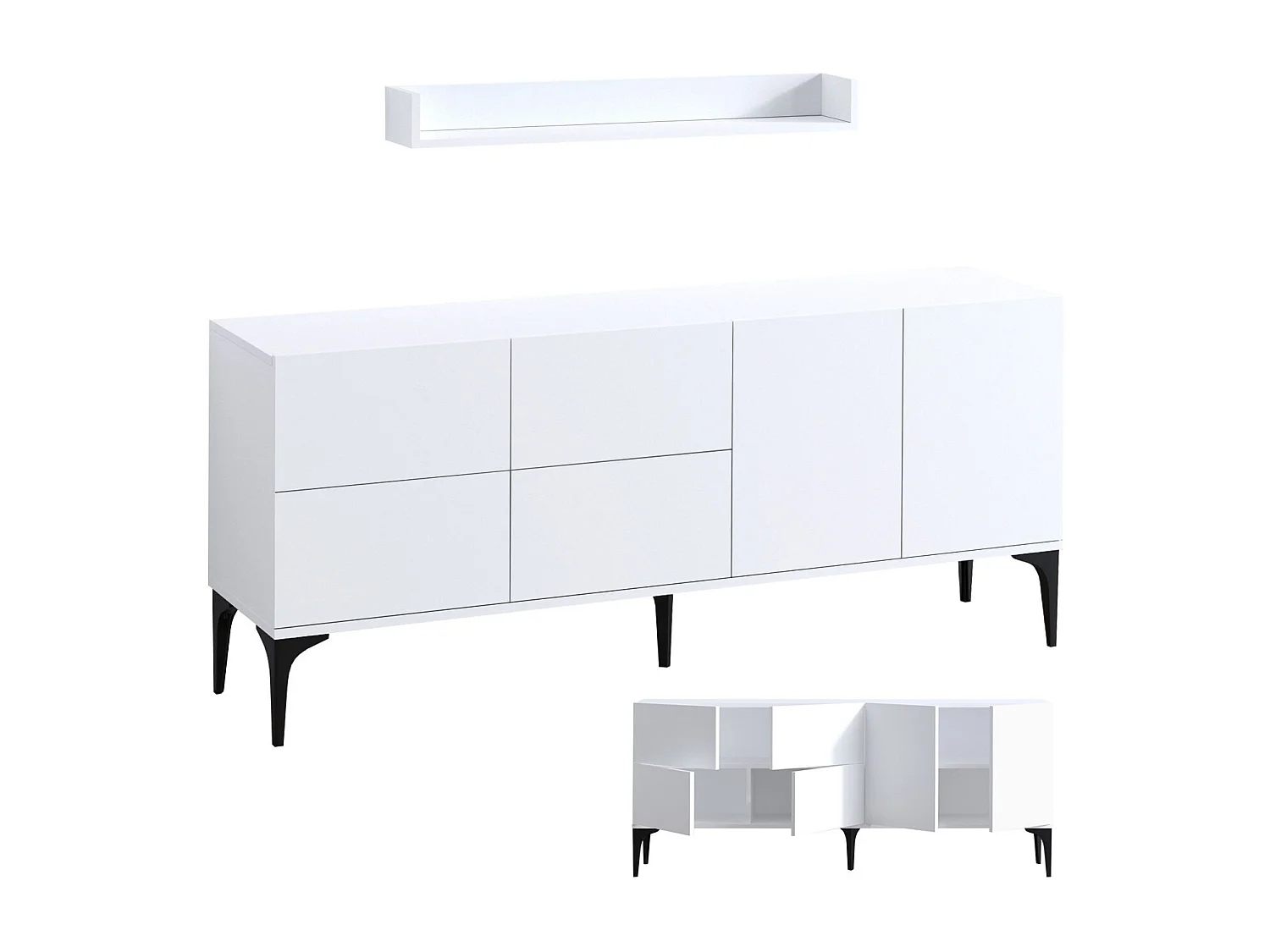 Aparador Elegante – 180 x 80 x 40 cm – Branco e Preto – Painel de partículas revestido a melamina