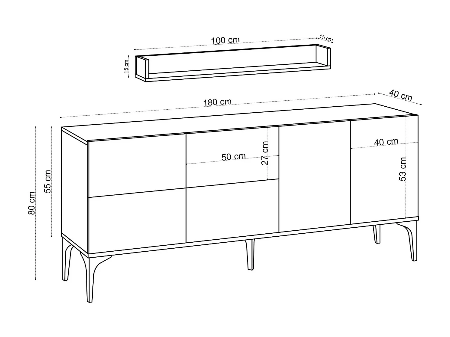 Aparador Elegante – 180 x 80 x 40 cm – Branco e Preto – Painel de partículas revestido a melamina