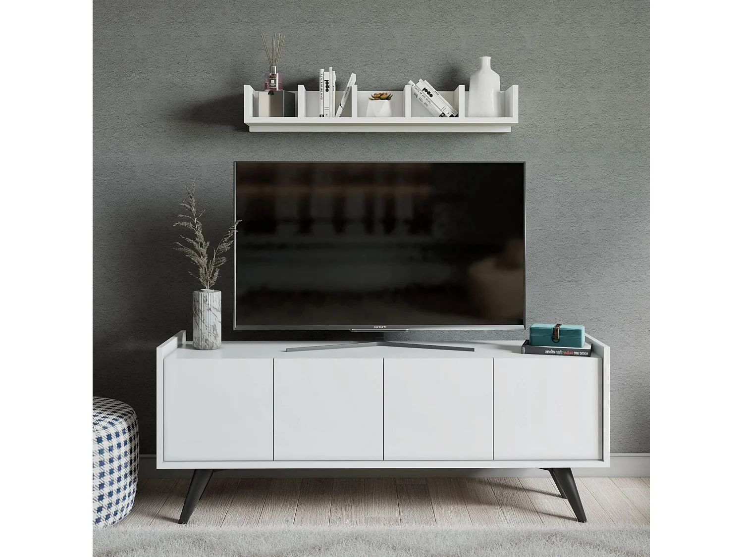 Móvel de TV com Prateleira de Parede – 150 cm largura, 20 cm altura, 22 cm profundidade – Branco – Painel de partículas revestido a melamina