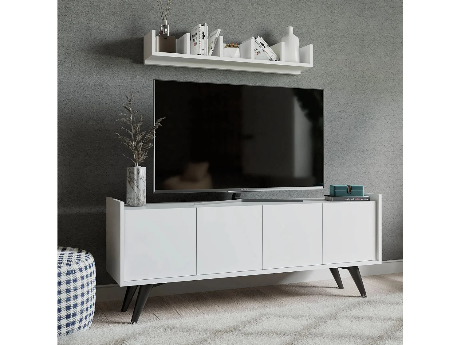 Móvel de TV com Prateleira de Parede – 150 cm largura, 20 cm altura, 22 cm profundidade – Branco – Painel de partículas revestido a melamina