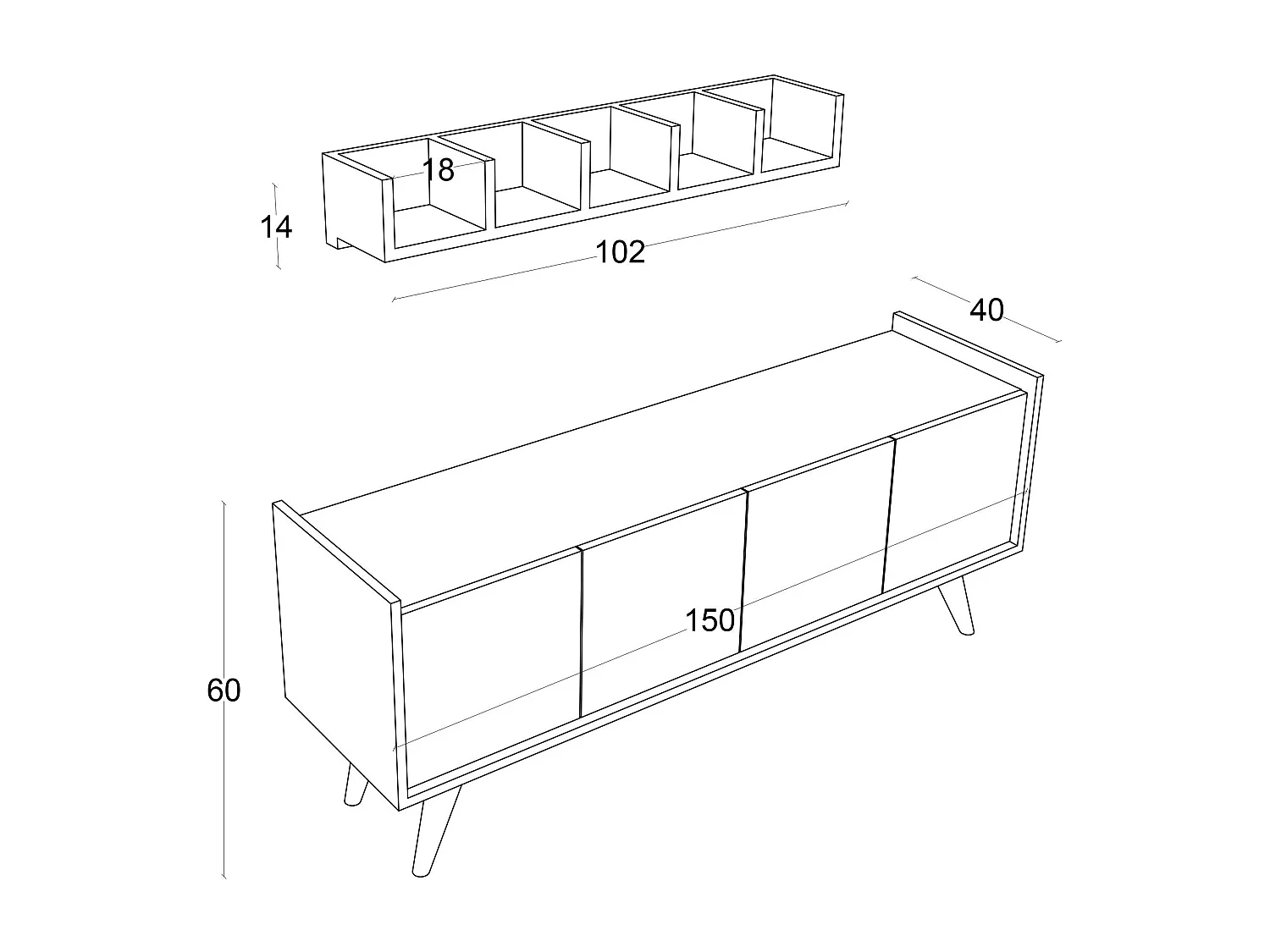 Móvel de TV com Prateleira de Parede – 150 cm largura, 20 cm altura, 22 cm profundidade – Branco – Painel de partículas revestido a melamina